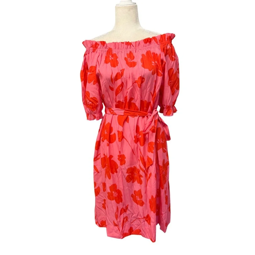 Mersea Womens Midi Dress Size L Floral Off‎ Shoulder Short Puff Sleeve Feminine